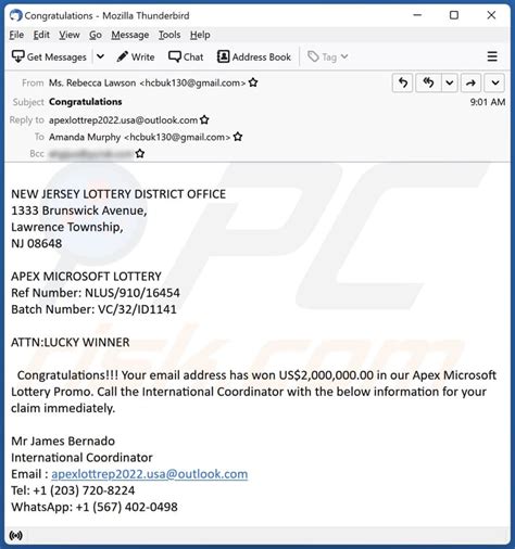 Example of Lottery Scam Email